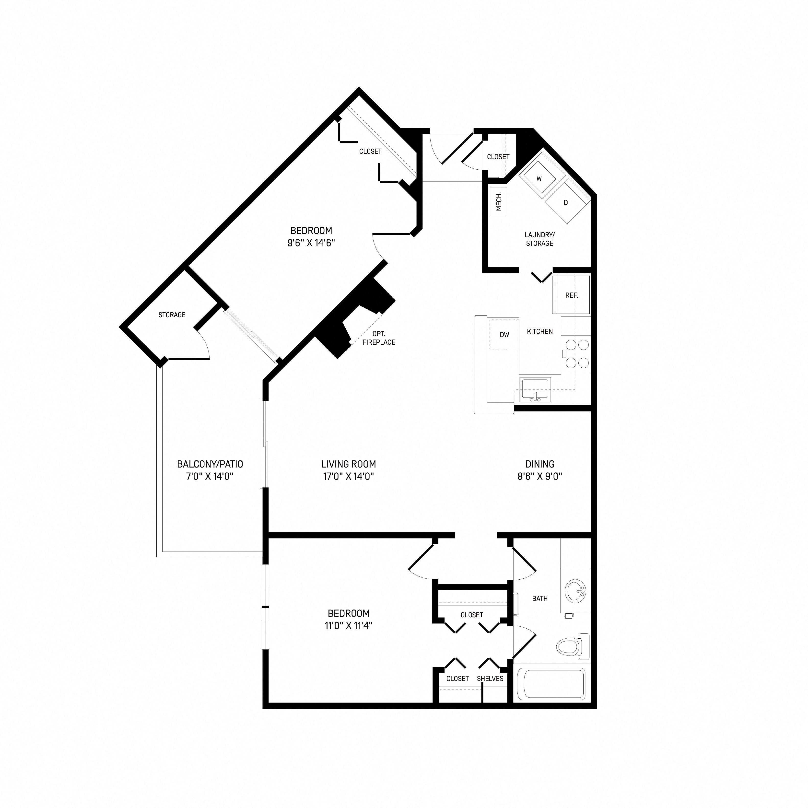 Floorplan for Apartment #02-201, 2 bedroom unit at Halstead Reston
